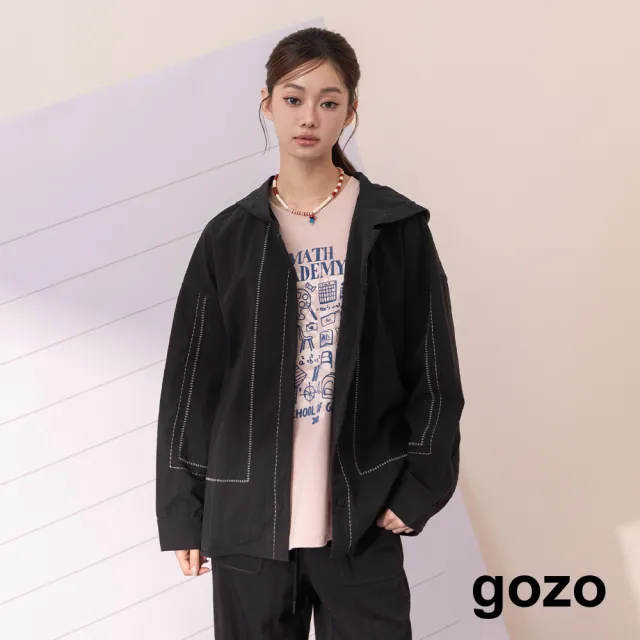 【gozo】復古霧感落肩連帽開襟襯衫(黑色/深咖)