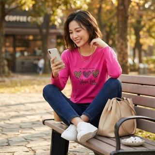 【YAKPAK】台灣製美式復古豹紋愛心桃紅顯瘦長袖純棉T恤