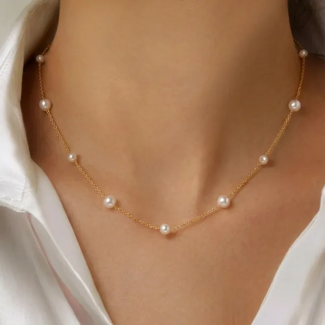 【City Diamond 引雅】網路獨家 日本進口 18K 天然珍珠3.5mm+5mm 黃K金 滿天星 造型 項鍊 (東京Yuki系列)