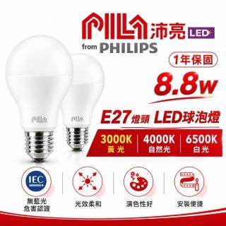 【Philips 飛利浦】12入｜沛亮 8.8W LED燈泡 E27 省電高亮度 全電壓 節能燈泡 球泡燈 白光 自然光