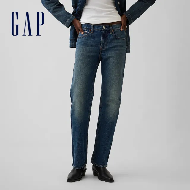 【GAP】中腰寬鬆直筒牛仔褲-靛藍水洗(911409)