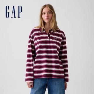 【GAP】超寬鬆條紋Polo衫-深酒紅(911315)