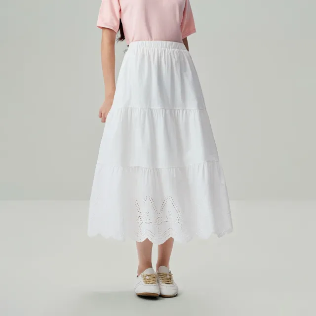 【GIORDANO 佐丹奴】女裝質感刺繡花邊蛋糕長裙(02 皎白)