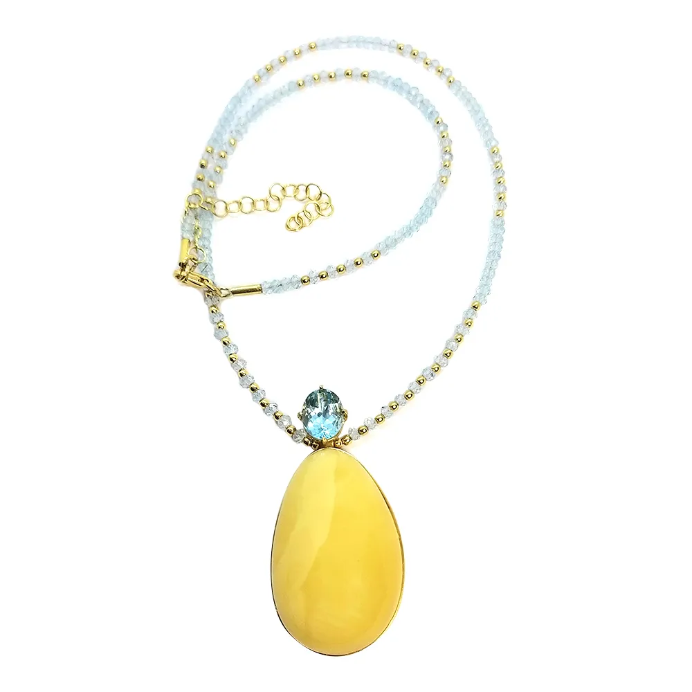 【優雅琥珀】來自波蘭 水滴形優質蜜蠟與藍色托帕石項鍊(具國際琥珀協會鑑定保證卡)