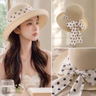 【LEEHER】度假草帽/波點草帽/夏季草帽/沙灘帽/防曬帽/女生帽子/海邊度假帽/飄帶草帽/草帽/遮陽