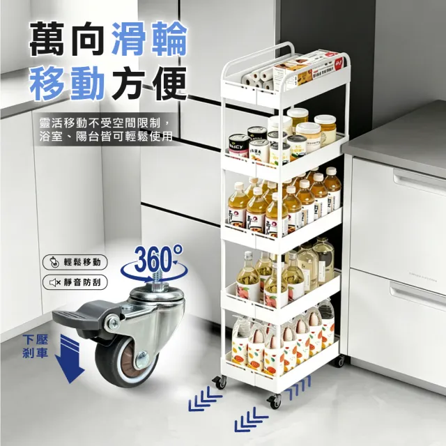 【ONE HOUSE】小巴登鐵製五層夾縫收納推車｜可調式25寬 (收納架/置物架/桌板推車/收納籃/手推車/收納櫃)