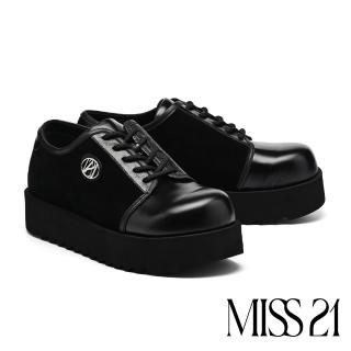 【MISS 21】甜酷傲嬌LOGO牛皮拼接牛麂皮綁帶大頭厚底鞋(黑)