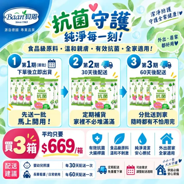 分次配【貝恩】潔膚抗菌柔濕巾 30抽-20包/箱購