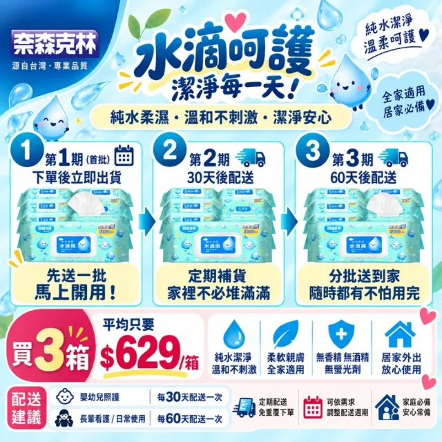 分次配【奈森克林】水滴將純水加厚加大加蓋柔濕巾60抽(20包/箱;每包附濕巾蓋)