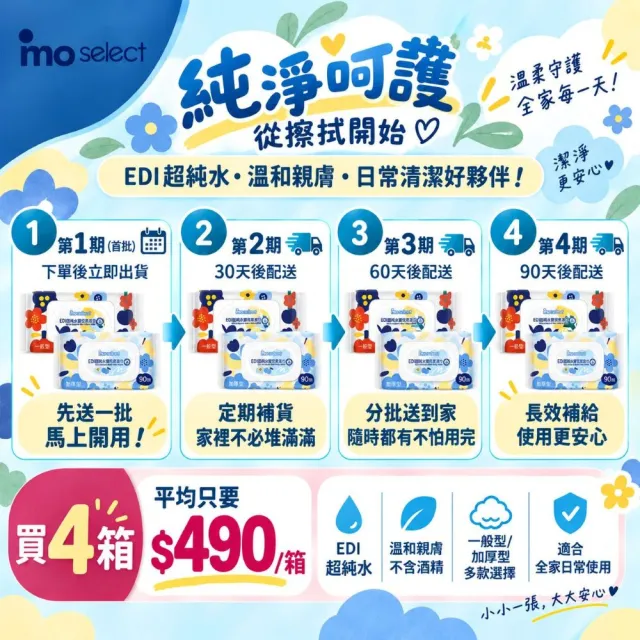 分次配【mo select】EDI超純水加蓋嬰兒柔濕巾12包(台灣製 加厚型80抽/一般型90抽任選/mo選)
