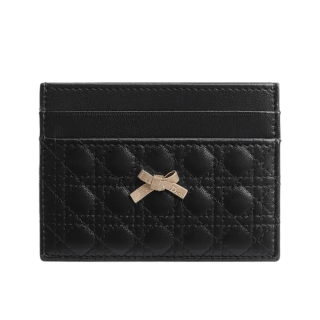 【Dior 迪奧】Baby Bow Freesia 迷你籐格紋 小羊皮 蝴蝶結 皮夾 卡夾 黑色 S3050OFYD_900