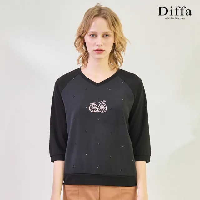 【Diffa】貓頭鷹印圖異素材拼接拉克蘭袖針織衫-女