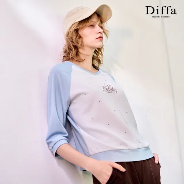 【Diffa】貓頭鷹印圖異素材拼接拉克蘭袖針織衫-女