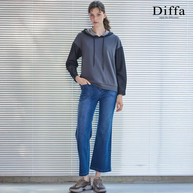 【Diffa】異素材拼接連帽落肩針織衫-女