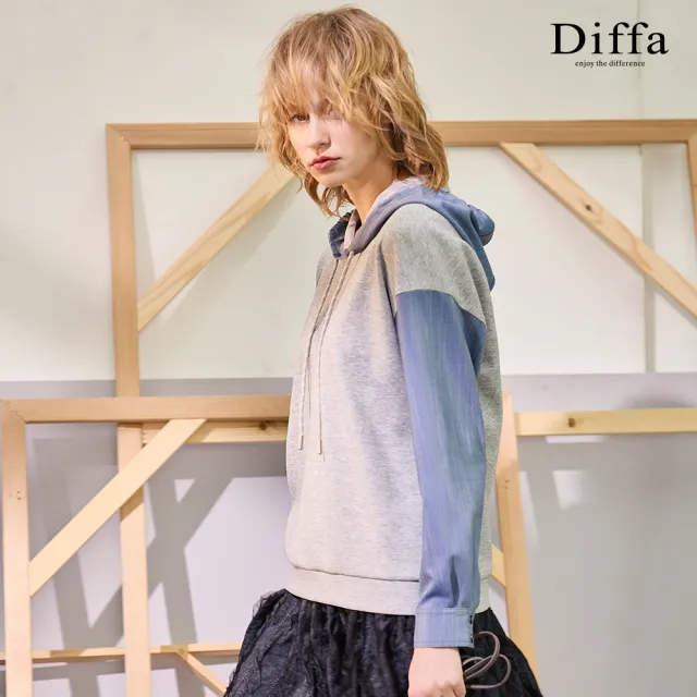 【Diffa】異素材拼接連帽落肩針織衫-女