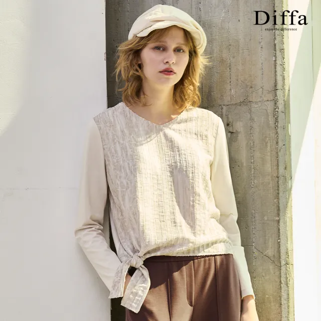 【Diffa】異素材拼接綁結針織衫-女