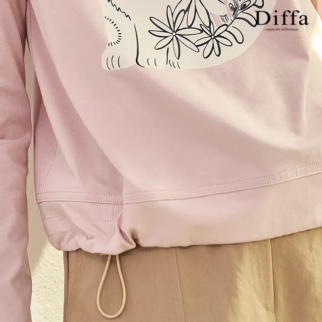 【Diffa】貓咪印花抽繩速乾針織衫-女