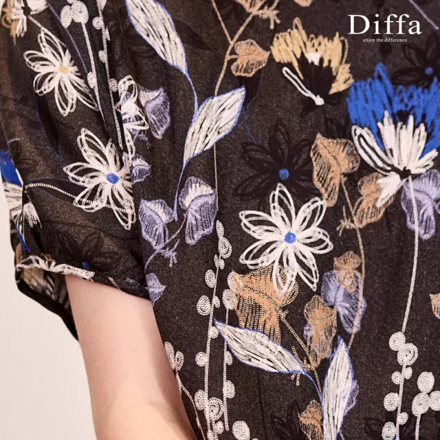 【Diffa】復古黑白花蓬袖上衣-女