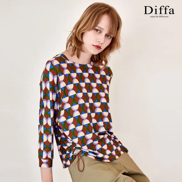 【Diffa】咖色幾何波點抽繩針織衫-女