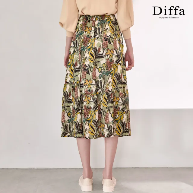【Diffa】氣質綠花鬆緊腰長寬裙-女