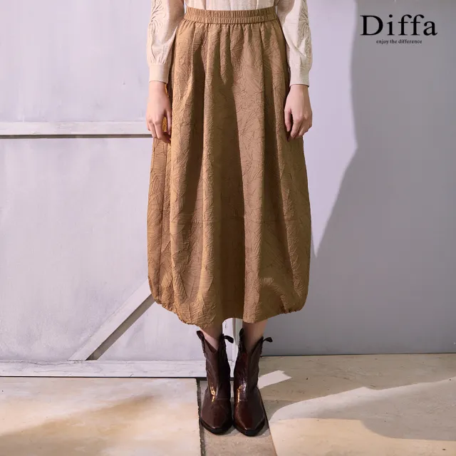 【Diffa】葉脈壓紋鬆緊腰長寬裙-女