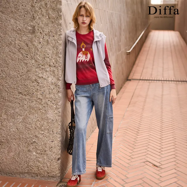 【Diffa】刷色貼袋工裝牛仔長褲-女(丹寧)