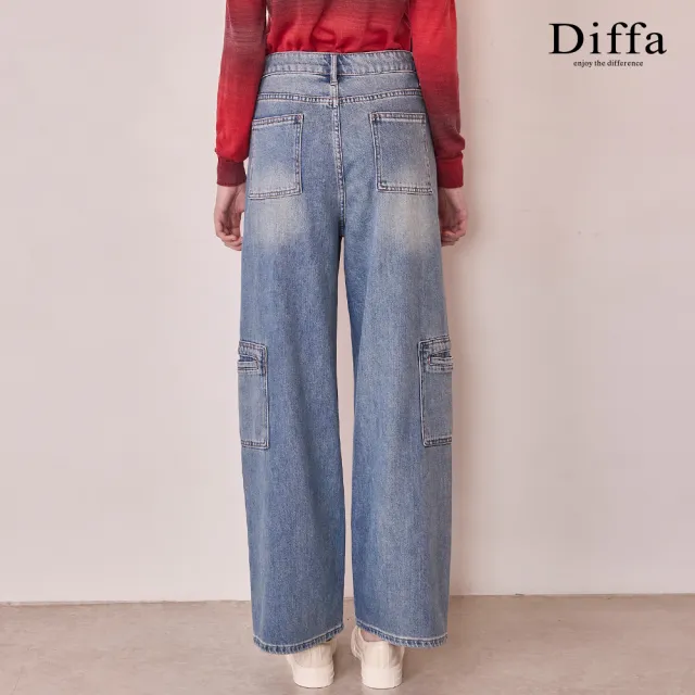 【Diffa】刷色貼袋工裝牛仔長褲-女(丹寧)