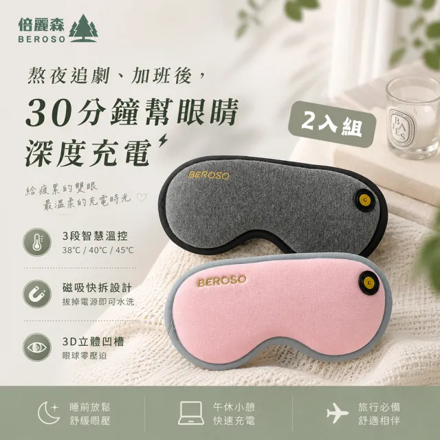 【Beroso 倍麗森】買一送一 磁吸式三段溫控定時立體熱敷眼罩A00029(蒸氣 睡眠眼罩 雙11)