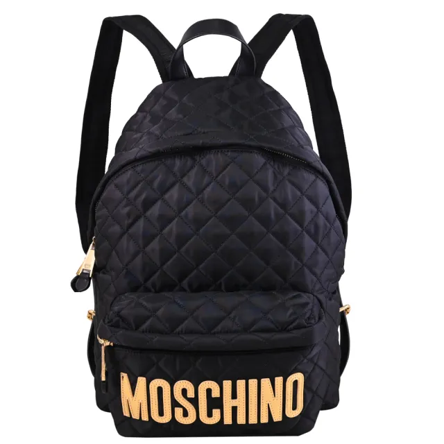 【MOSCHINO】亮金LOGO菱格尼龍雙拉鍊大旅用包後背包(黑)