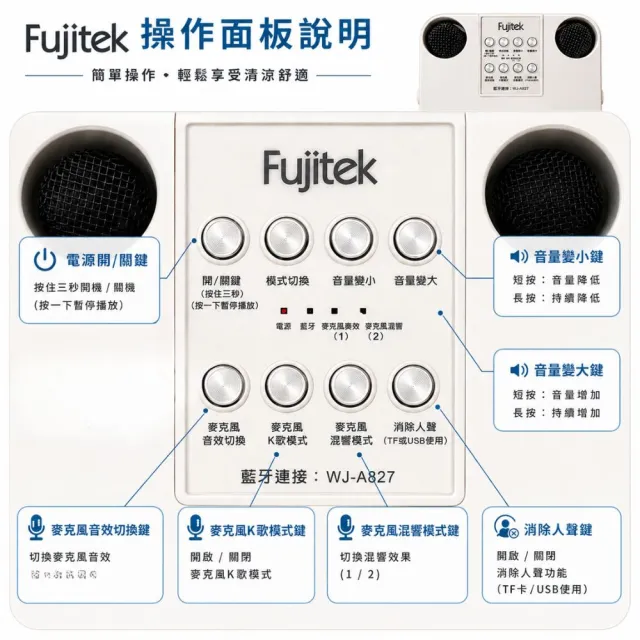 【Fujitek 富士電通】藍牙K歌重低音喇叭音箱麥克風*2 FT-M100藍芽音箱/麥克風/無線麥克風