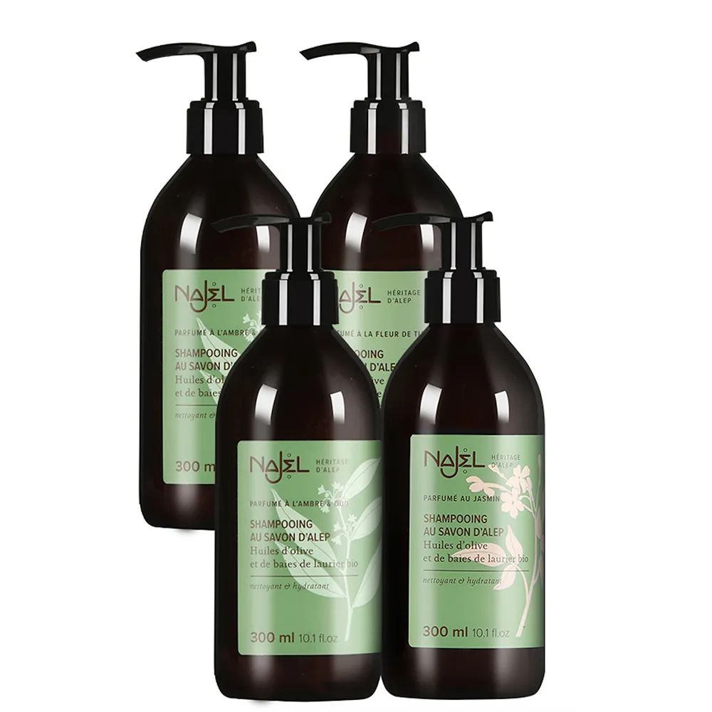 即期品【NAJEL】阿勒坡古皂液洗髮精300mlx4入組-淨透平衡頭皮SPA(茉莉花/梔子花/木質沉香)