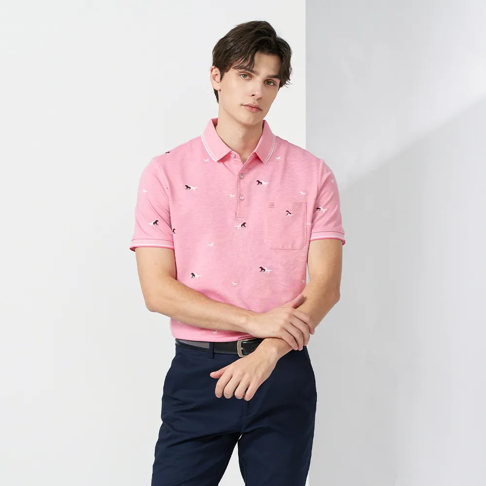 【pierre cardin 皮爾卡登】休閒服飾 男款 雙色交織馬印花短袖polo衫-粉色(5237273-75)