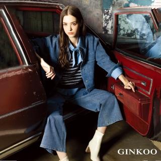 【GINKOO 俊克】玫瑰花刺繡燙鑽牛仔寬口褲