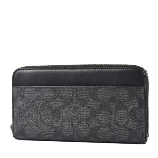 【COACH】男款 緹花LOGO防刮皮革拉鍊長夾-黑灰