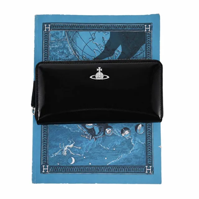 【Vivienne Westwood】鑲鑽土星漆皮面拉鍊長夾-黑