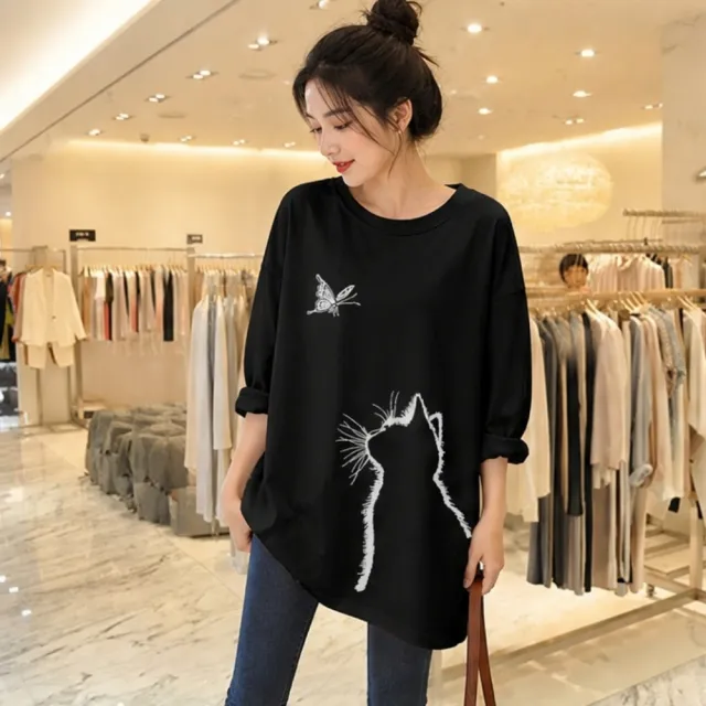 【LANNI 藍尼】★簡筆貓咪印花長袖T恤(女裝/女上衣/休閒/百搭/日系/通勤)