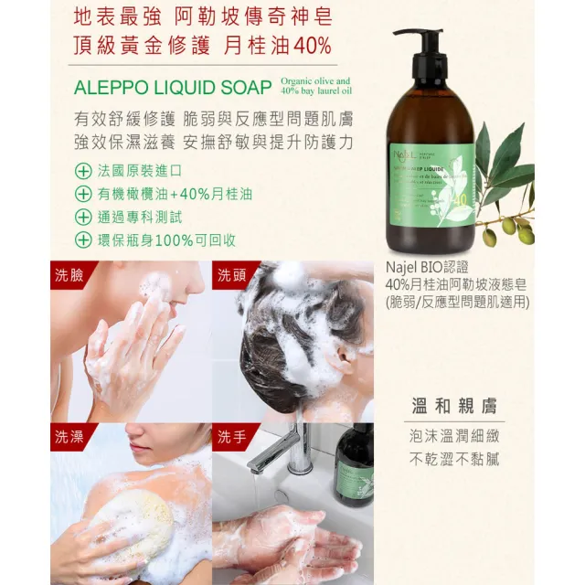 【NAJEL】BIO認證40%月桂油阿勒坡沐浴液態皂500mlX2入(總代理公司貨)