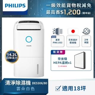 【Philips 飛利浦】2026新一級能效★14.2L抗敏清淨除濕機-雲朵白(DE5306/80)