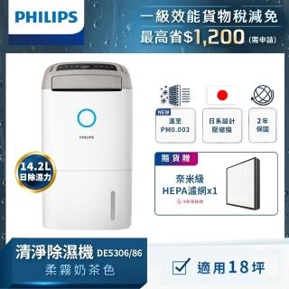 【Philips 飛利浦】2026新一級能效★14.2L抗敏清淨除濕機-柔霧奶茶(DE5306/86)