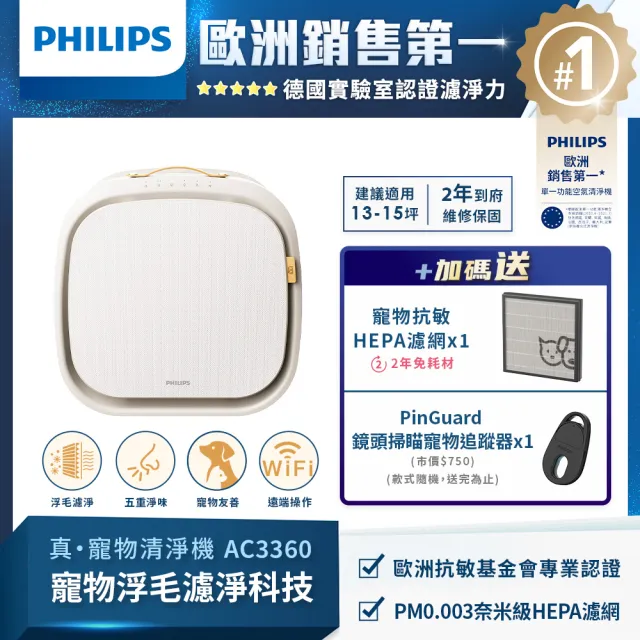 【Philips 飛利浦】兩年份濾網組★毛小奈Lite 寵物空氣清淨機★適用13-15坪(AC3360/80)