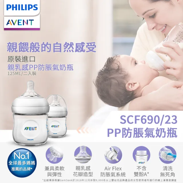 【PHILIPS AVENT】飛利浦新安怡 寬口防脹氣親乳感PP奶瓶125ml雙入組 奶嘴0月+(SCF690/23)