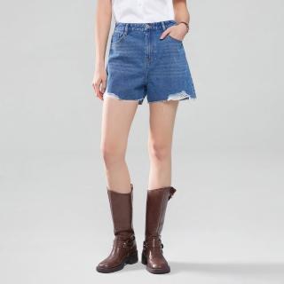 【GIORDANO 佐丹奴】女裝磨邊抽鬚牛仔短褲(83 中藍)