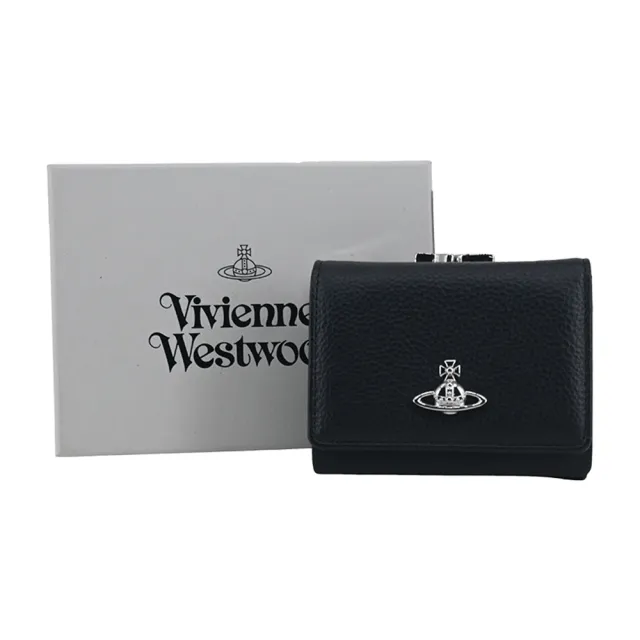 【Vivienne Westwood】荔枝皮革三折珠扣短夾-黑銀
