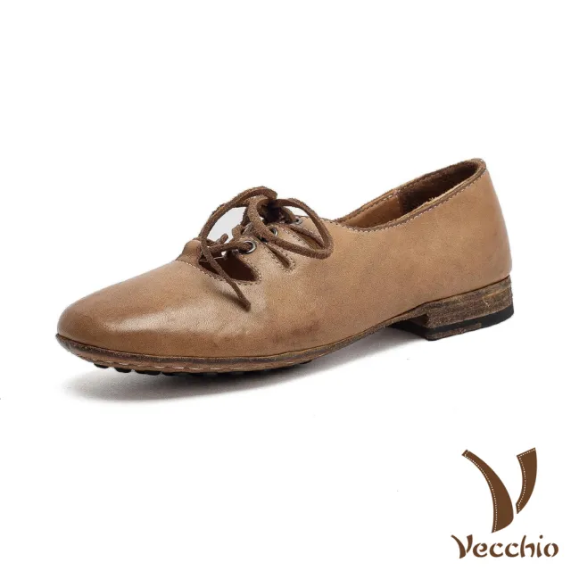 【Vecchio】真皮休閒鞋 低跟休閒鞋/全真皮進口馬皮復古繫帶低跟休閒鞋(卡其)