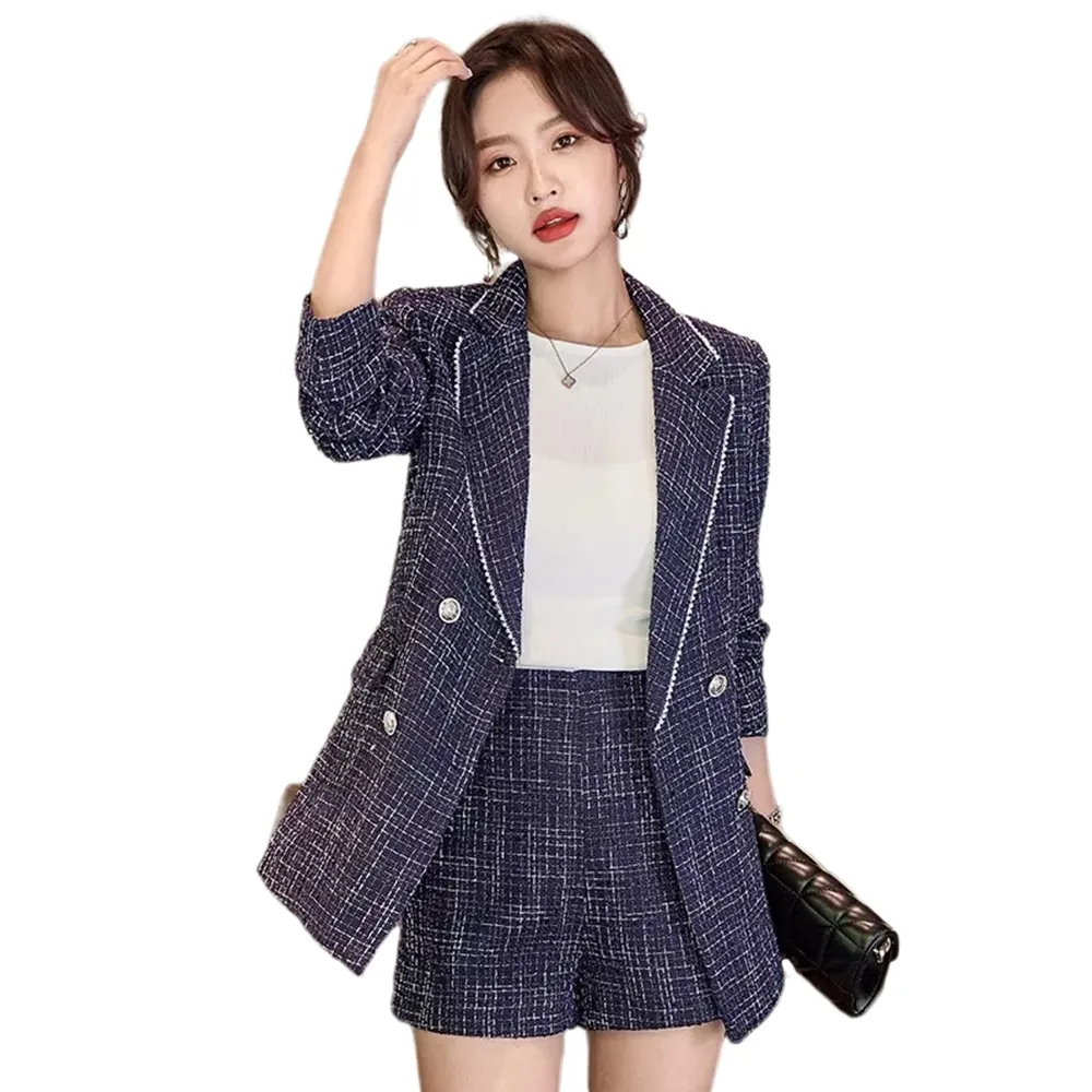 【米蘭精品】現貨+預購 西裝套裝兩件套(格紋外套短褲休閒女職業西裝2色74ct43)