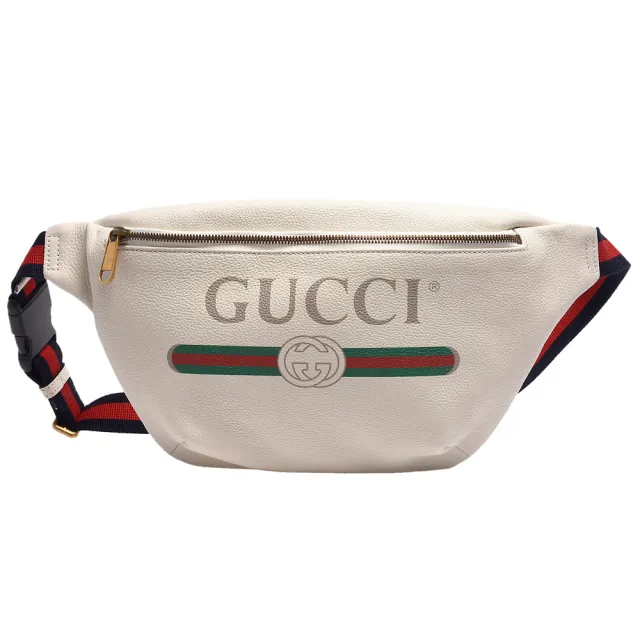 【GUCCI 古馳】復古風格的圖案小牛皮綠紅綠織帶腰包/斜背包(米白)