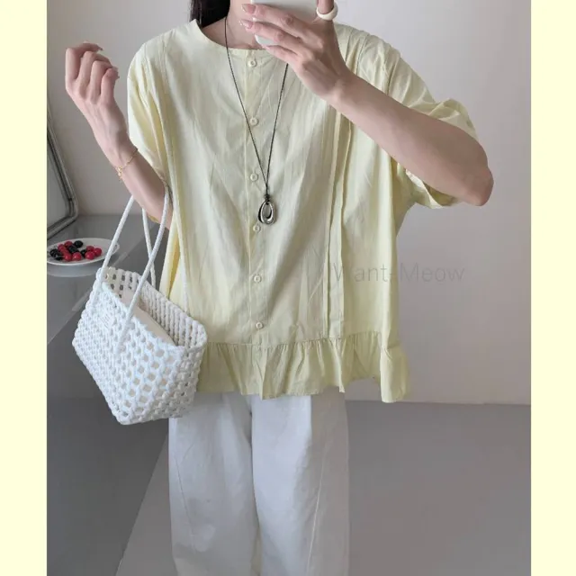 【Want-Meow】90公斤可穿/日系小清新前排釦下擺木耳邊短袖襯衫上衣短袖T(大碼上衣/大碼/大尺碼/短袖上衣)