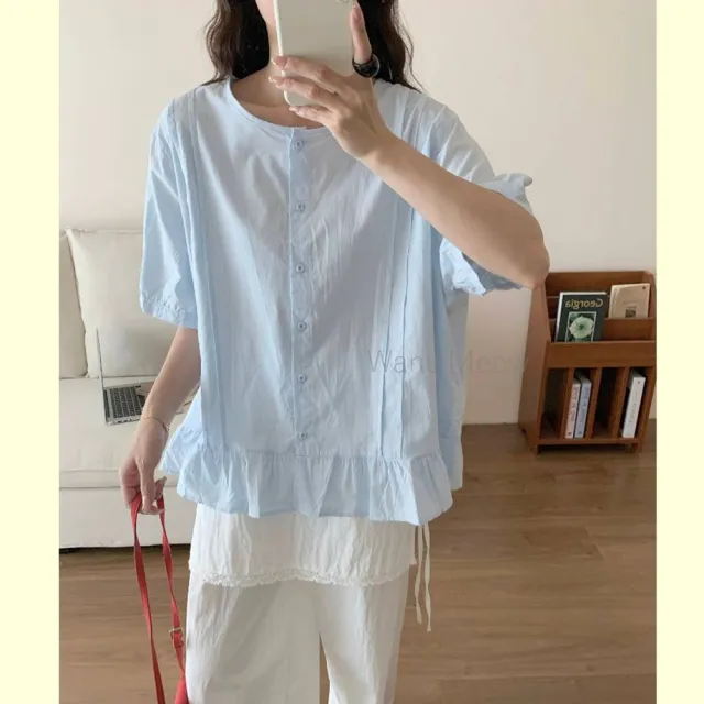 【Want-Meow】90公斤可穿/日系小清新前排釦下擺木耳邊短袖襯衫上衣短袖T(大碼上衣/大碼/大尺碼/短袖上衣)