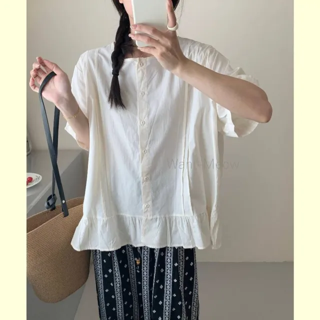 【Want-Meow】90公斤可穿/日系小清新前排釦下擺木耳邊短袖襯衫上衣短袖T(大碼上衣/大碼/大尺碼/短袖上衣)