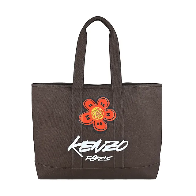 【KENZO】KENZO x Futura 2000 印花LOGO純棉帆布海棠花設計鉤扣式手提/肩背托特包(大/巧克力)